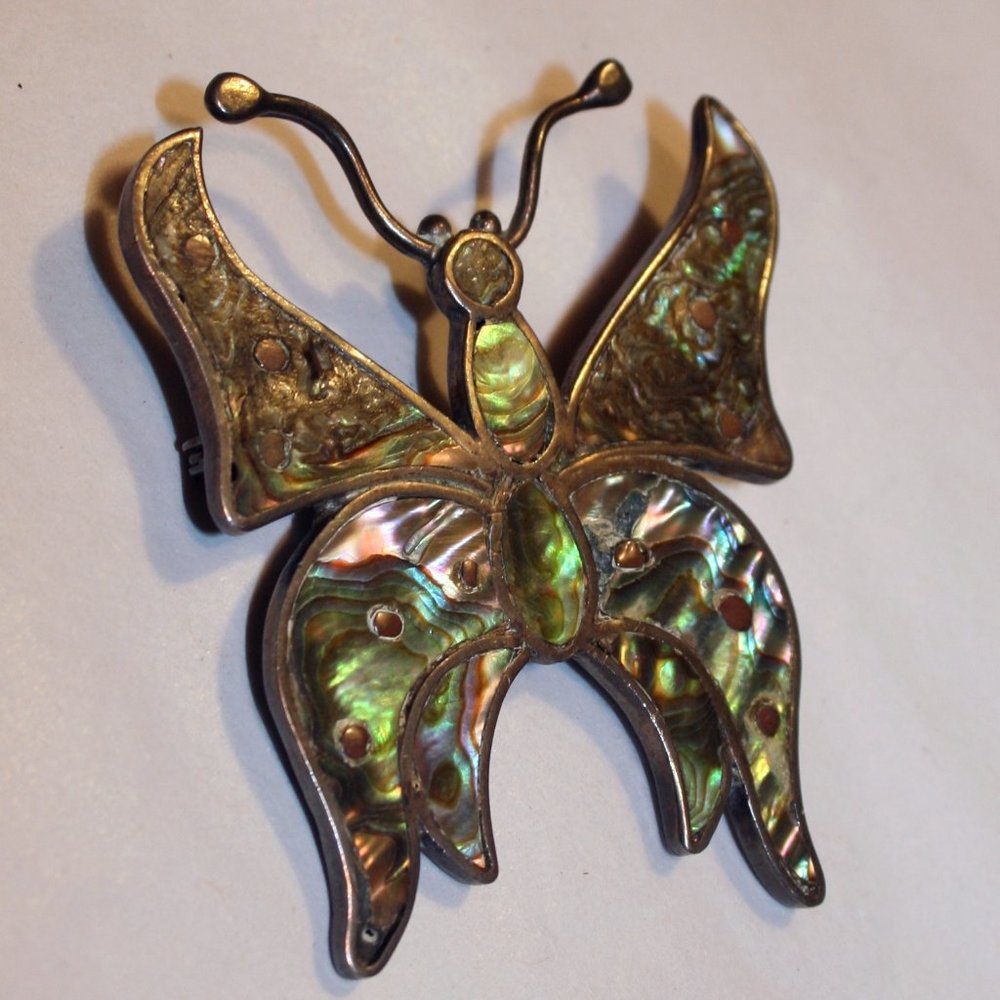 TAXCO BUTTERFLY Abalone Silver Large Brooch 2 1/4"
